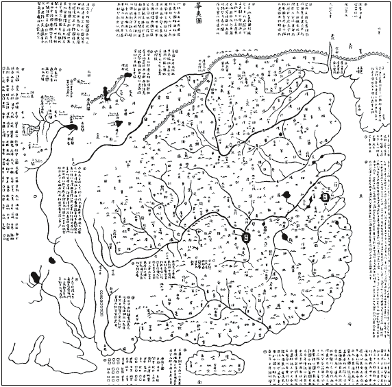 Die in Stein gravierte Yü Chi Thu Karte aus dem Jahr 1137 gilt als die älteste Infografik. Sie befindet sich im Pei Lin Museum in Sian, China (Grafik: Needham, Josef: Science and Civilization in China. Cambridge University Press, 1962).