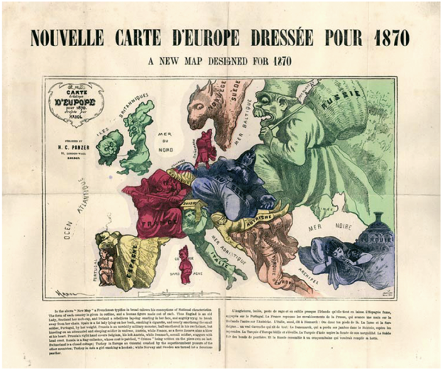 ›Nouvelle Carte D’Europe Dressée Pour 1870‹ (Illustrator: Paul Hadol bzw. Joseph Goggins; Kartenherstellung: H.C. Panzer, London, 1870).