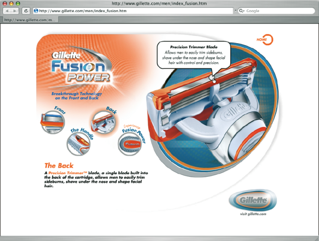 Visualisierung von Funktionen, hier am Beispiel einer interaktiven Infografik von Gillette Fusion Power (© Gillette, www.gillette.com).