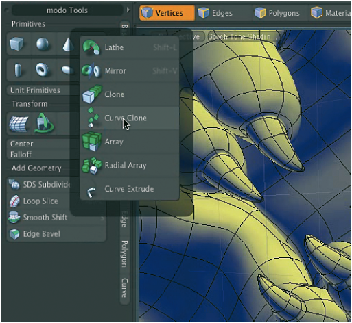 Bei komplexen Software-Produkten, wie z. B. 3D-Software bieten sich die Vorteile eines Pie Menus geradezu an, hier am Beispiel der 3D-Software ›Modo‹ von Luxology (www.modo3d.com; www.mars-inc.net).