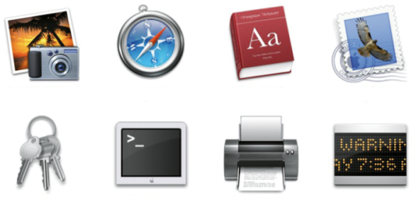Icons des Macintosh-Betriebssystems OSX 10.3.9. Die obere Reihe zeigt Icons für Informationssoftware und in der unteren Reihe für Funktionssoftware. Diese Icons entsprechen nicht dem Ideal, denn die grundlegenden Eigenschaften eines Icons sind klare Formen, wenig Farbe und die Vermeidung von Fotorealismus.
