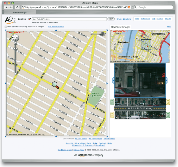 Mit dem Angebot von A9.com, Inc., einer Firma von amazon.com, kann man sich nicht nur einen genauen Straßenplan mit dem gesuchten Zielort anzeigen lassen, sondern in ausgewählten Regionen sogar Fotos vom Zielort bzw. von der kompletten Straße. Mit einer Scrollfunktion lässt sich dann auf der Straße virtuell flanieren und die Fassaden beider Straßenseiten betrachten (http://maps.a9.com).